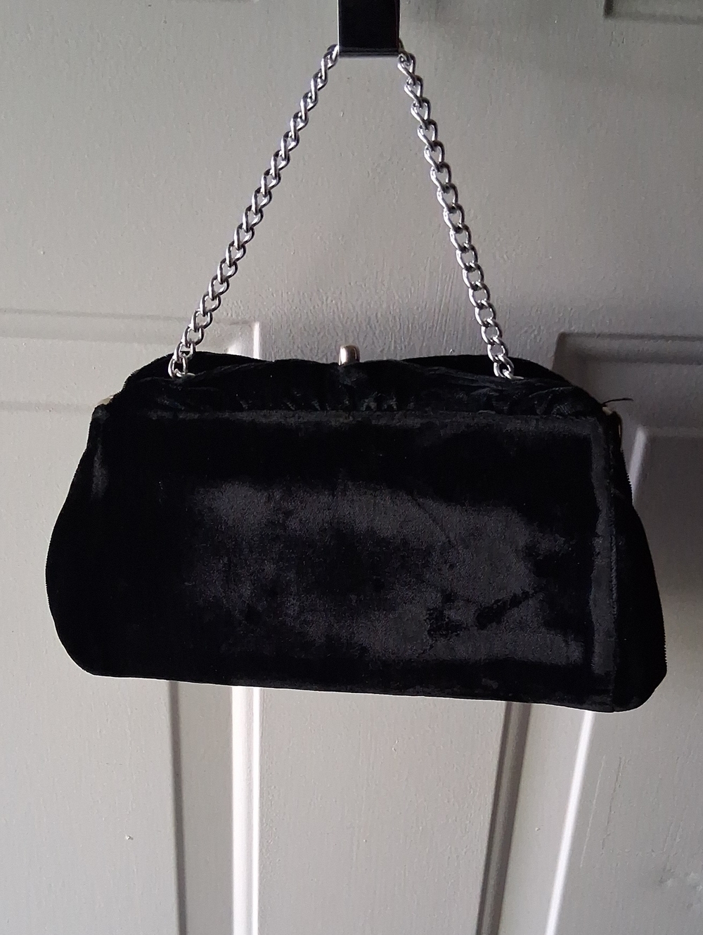 Classic Black Velvet Clutch with Silver Chain Handle